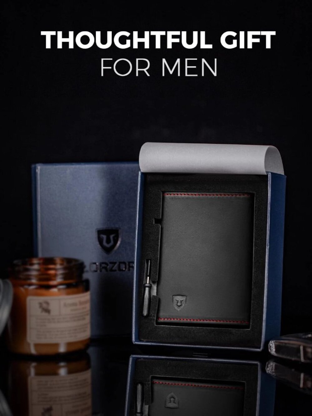 LORZOR Minimalist Leather Wallet - Full Grain Leather, Slim Pop-up Card Case
